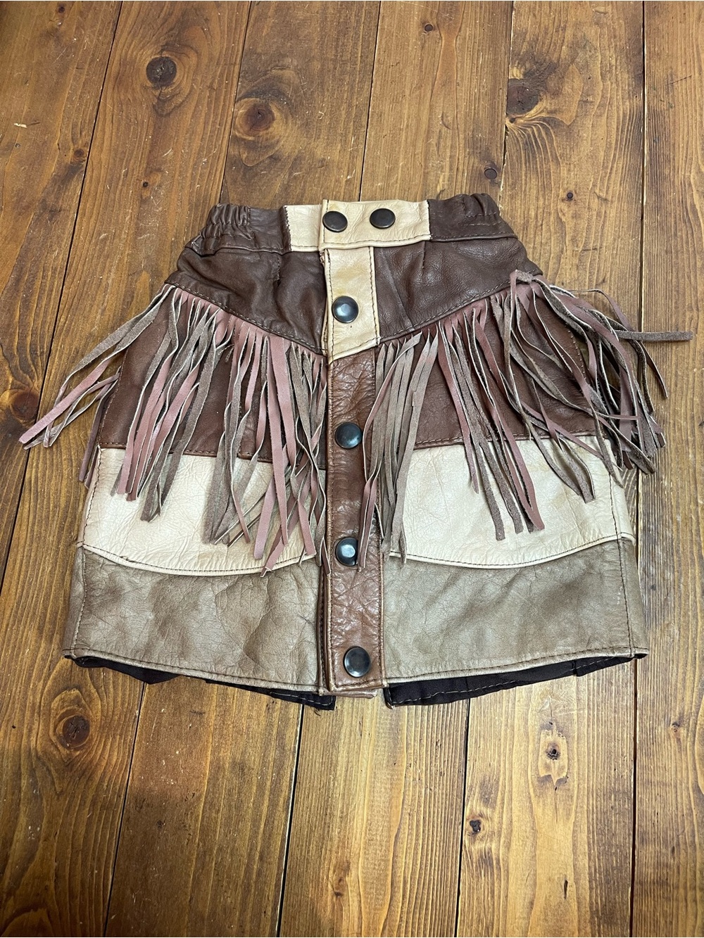 Vintage brown leather kids skirt with fringe